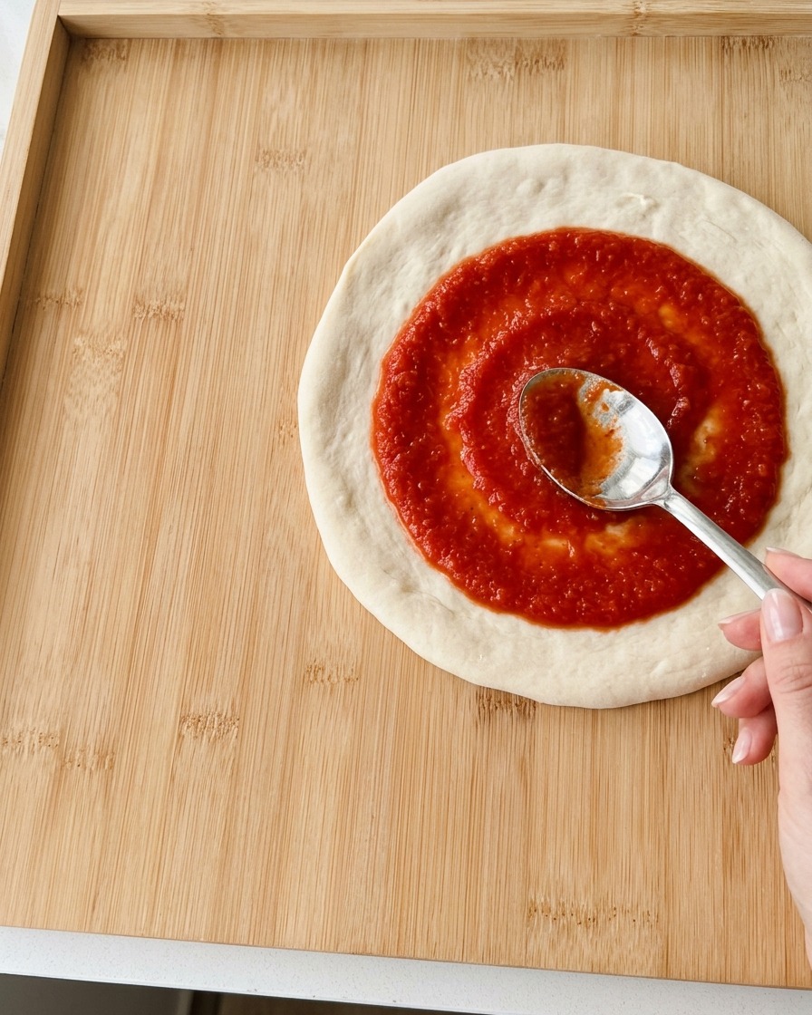Ein Metalllöffel verteilt leuchtend rote Tomatensauce spiralförmig auf dem rohen Pizzateig.