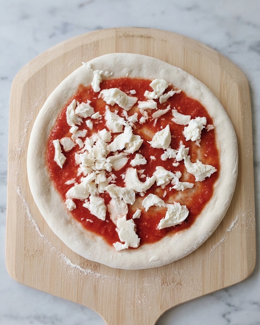 Stücke von weißem Mozzarella sind auf der roten Tomatensauce auf einem Pizzateig verteilt, der auf einem Holzschieber liegt.