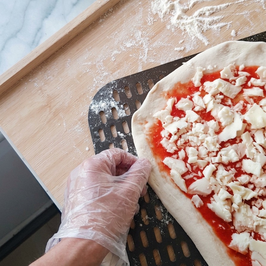 Eine Hand im Handschuh korrigiert den Rand einer rohen Pizza, während sie auf einen schwarzen, gelochten Pizzaschieber aus Metall gezogen wird.