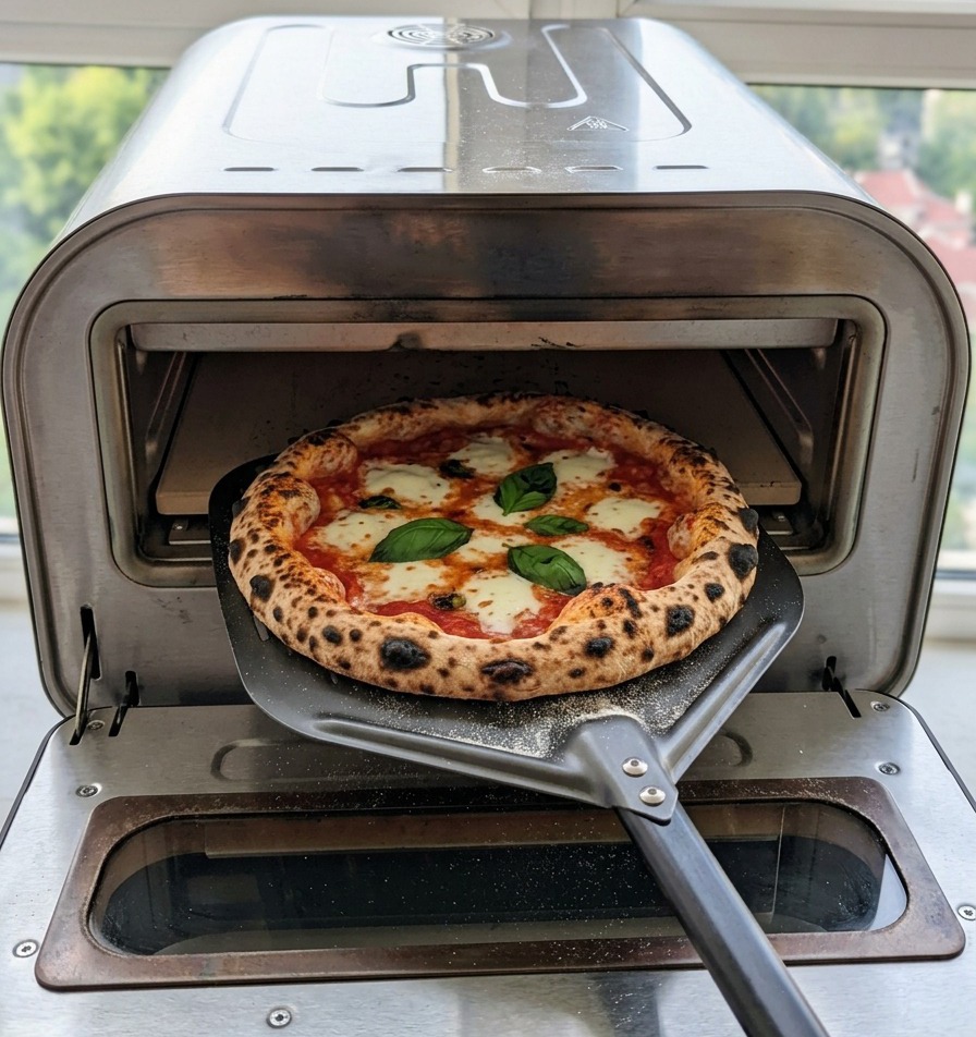 Eine frisch gebackene Pizza mit Blasen auf der Kruste und geschmolzenem Mozzarella wird mit einem Metallschieber aus einem tragbaren Edelstahl-Pizzaofen geholt.