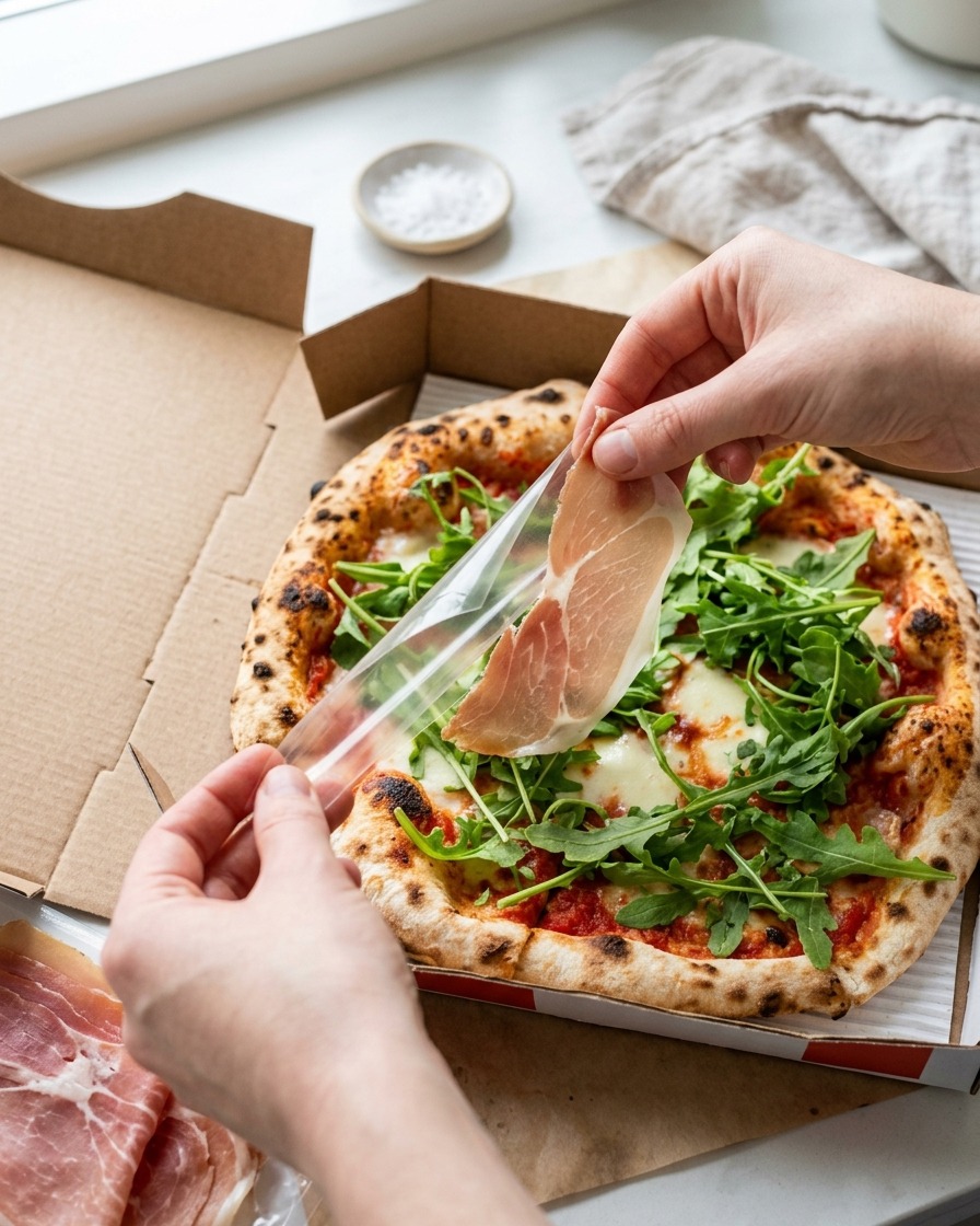 Nahaufnahme einer Hand, die eine dünne, marmorierte Scheibe Proschuttoschinken über frischen Rucola auf eine fertige Pizza legt.