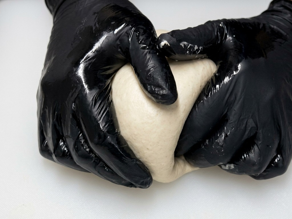 Hände in schwarzen Handschuhen formen eine glatte, runde Pizzateigkugel, indem sie den Teig über ein weißes Brett ziehen.