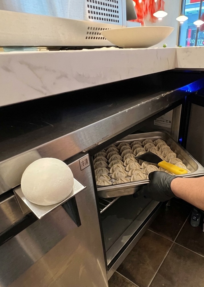 Eine behandschuhte Hand nimmt ein Edelstahlblech mit runden, weißen Pizzateiglingen aus einem professionellen Kühlschrank.
