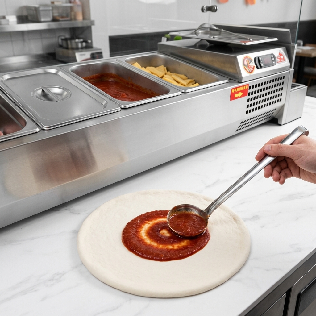 Eine Hand verteilt mit einer Edelstahlschöpfkelle in kreisenden Bewegungen rote Tomatensoße auf einem runden Pizzateig auf einer marmorierten Arbeitsplatte.