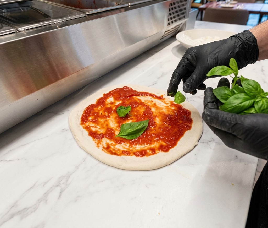 Eine Person mit schwarzen Handschuhen legt frische grüne Basilikumblätter auf einen Pizzateig, der bereits mit roter Tomatensoße bestrichen ist.