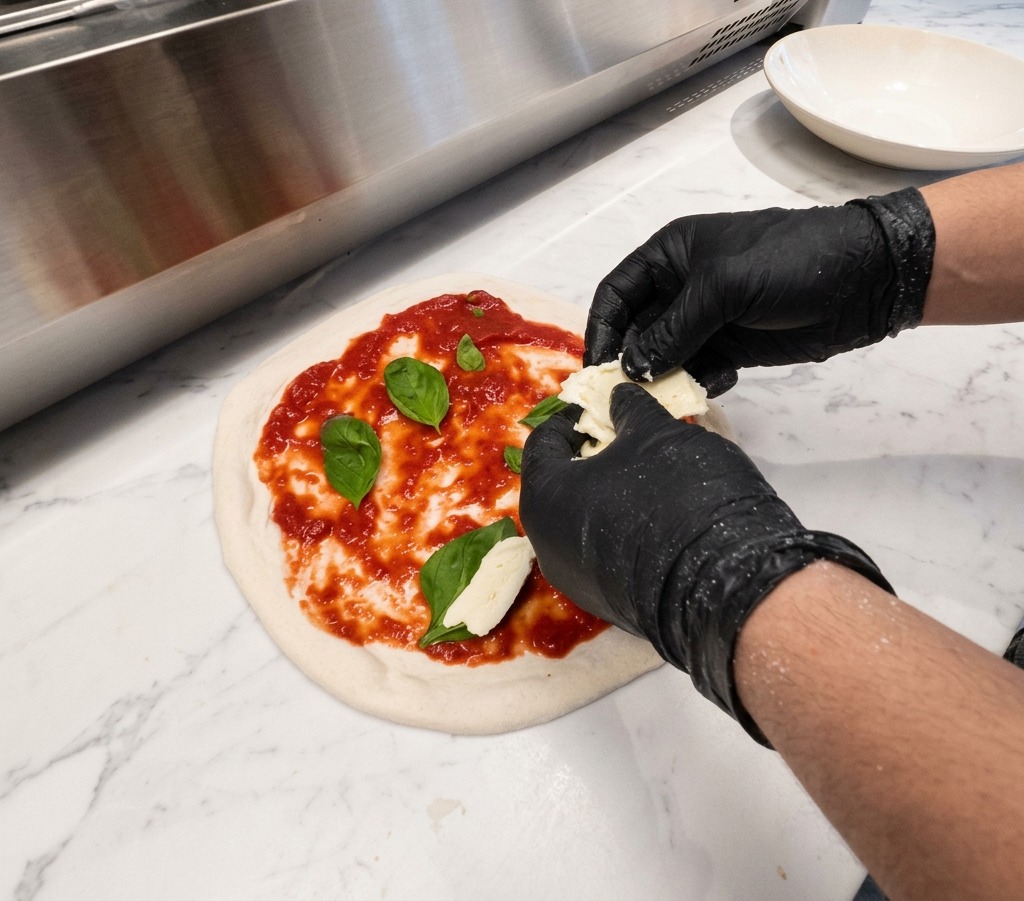 Hände mit Handschuhen zupfen frischen weißen Mozzarella in Stücke und legen ihn auf einen mit Tomatensoße und Basilikumblättern belegten Pizzaboden.