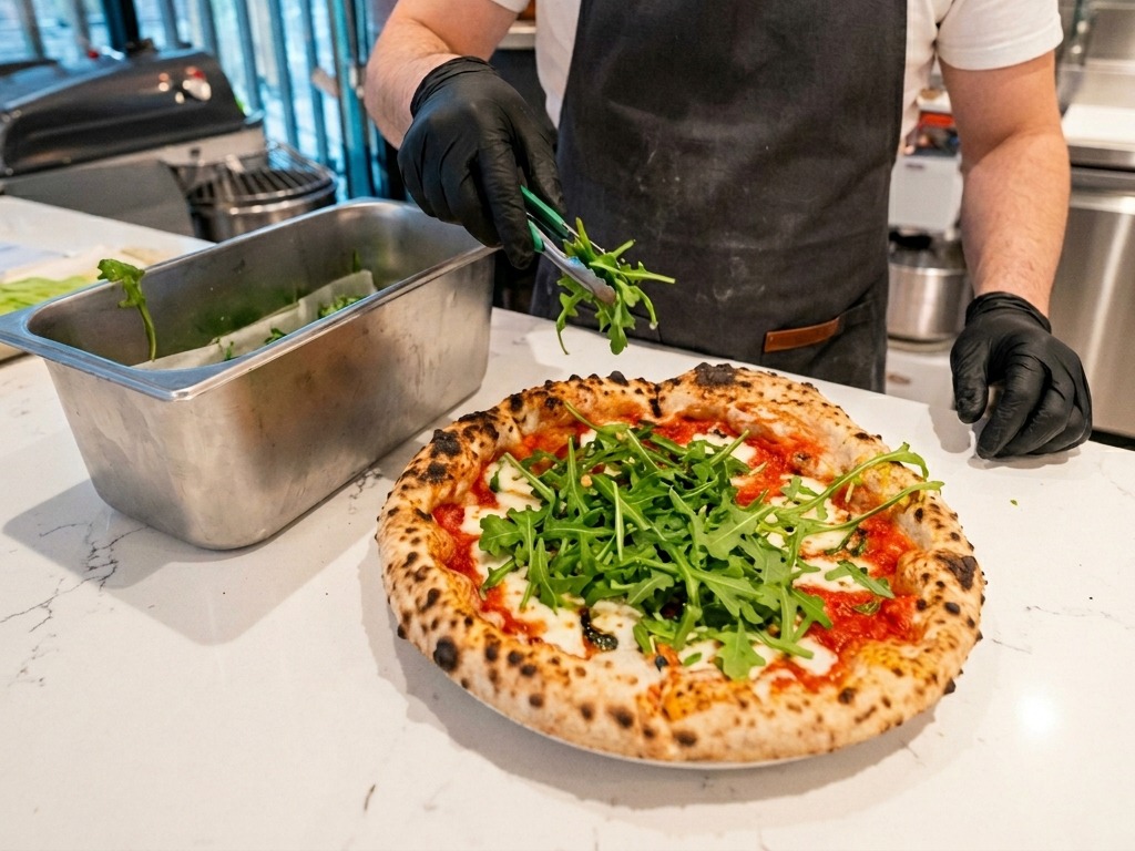 Ein Koch legt mit einer grünen Zange einen Haufen frischer Rucolablätter auf eine frisch gebackene Pizza mit einem perfekt gebräunten Rand.