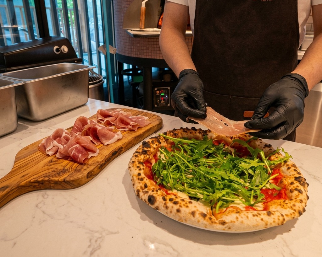 Ein Koch schichtet feine Scheiben rosafarbenen Parmaschinkens über ein frisches Bett aus grünem Rucola auf einer heißen Holzofenpizza.