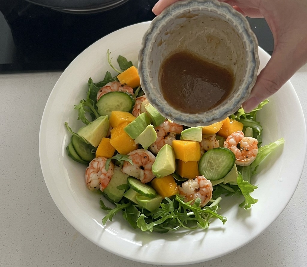 Dressing wird aus einer kleinen Schüssel über einen Salat aus Garnelen, Mango, Avocado und Rucola gegossen.