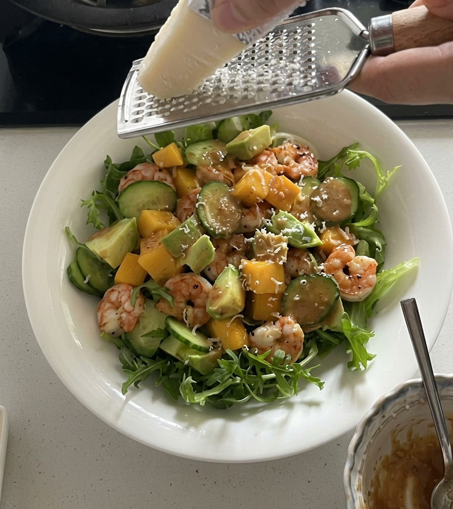 Mit einer Handreibe wird frischer Parmesankäse über einen bunten Salat aus Rucola, Garnelen und Früchten gerieben.