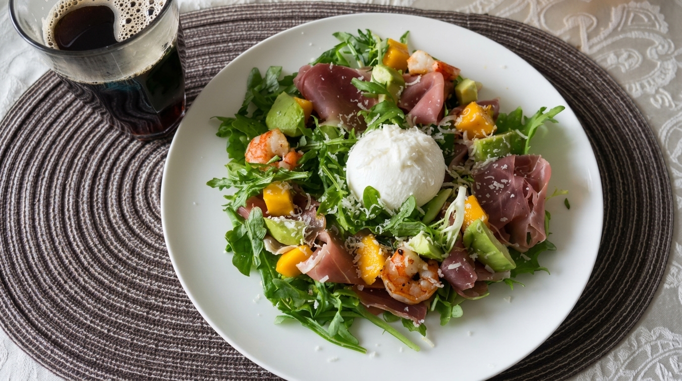 Rucola-Schinken-Salat mit gebratenen Garnelen und Burrata