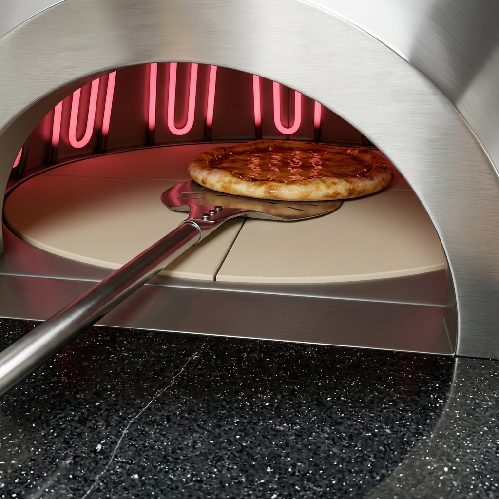Eine belegte Pizza wird mit einem langen Metallschieber in einen heißen Steinofen geschoben.