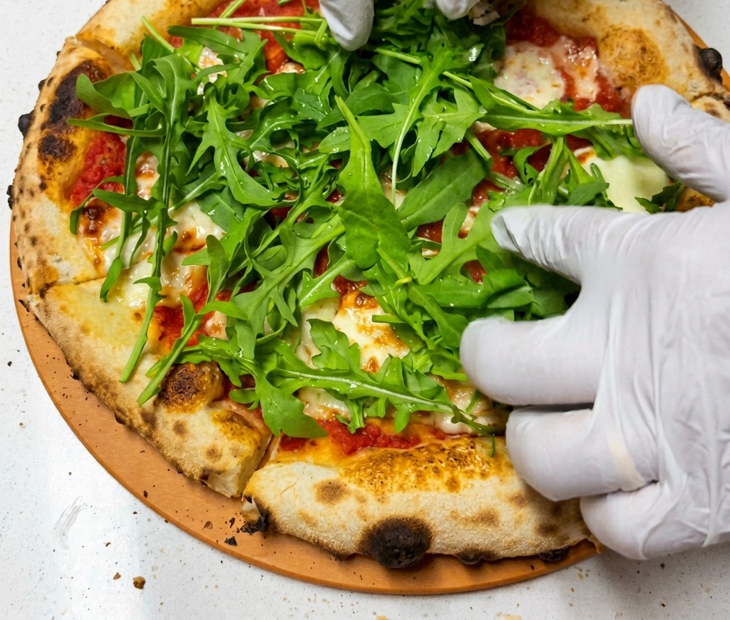 Hände verteilen eine großzügige Menge grünen Rucola auf der frisch gebackenen Pizza.