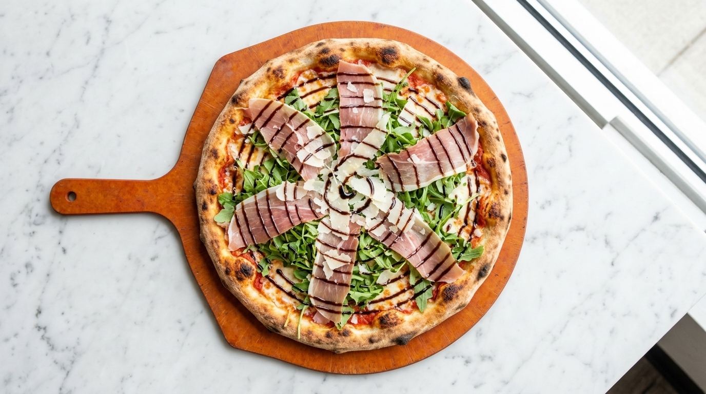 Eine frische Steinofenpizza, garniert mit knackigem Rucola, hauchdünnem Parmaschinken und feinen Linien aus Balsamico-Reduktion