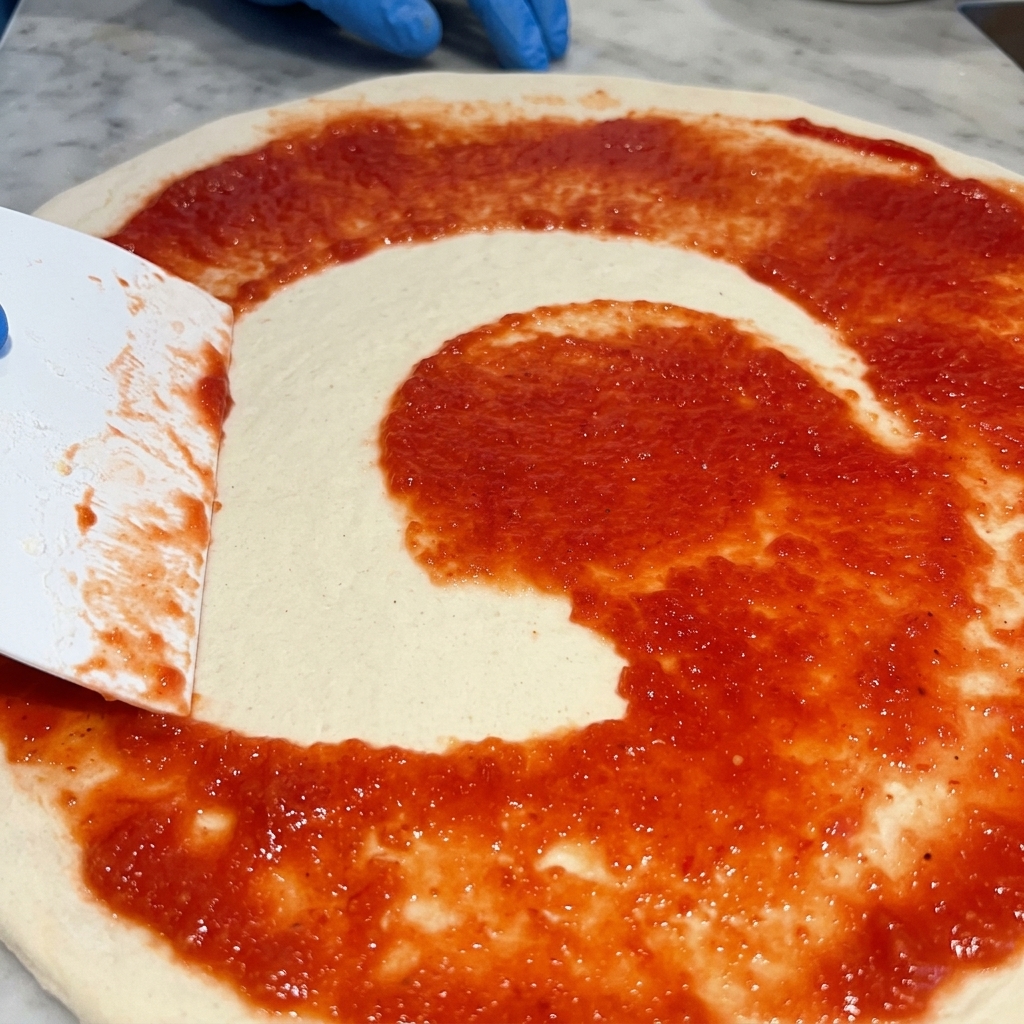 Tiefrote Tomatensauce wird mit einer weißen Palette in kreisenden Bewegungen auf dem rohen Pizzateig verteilt.