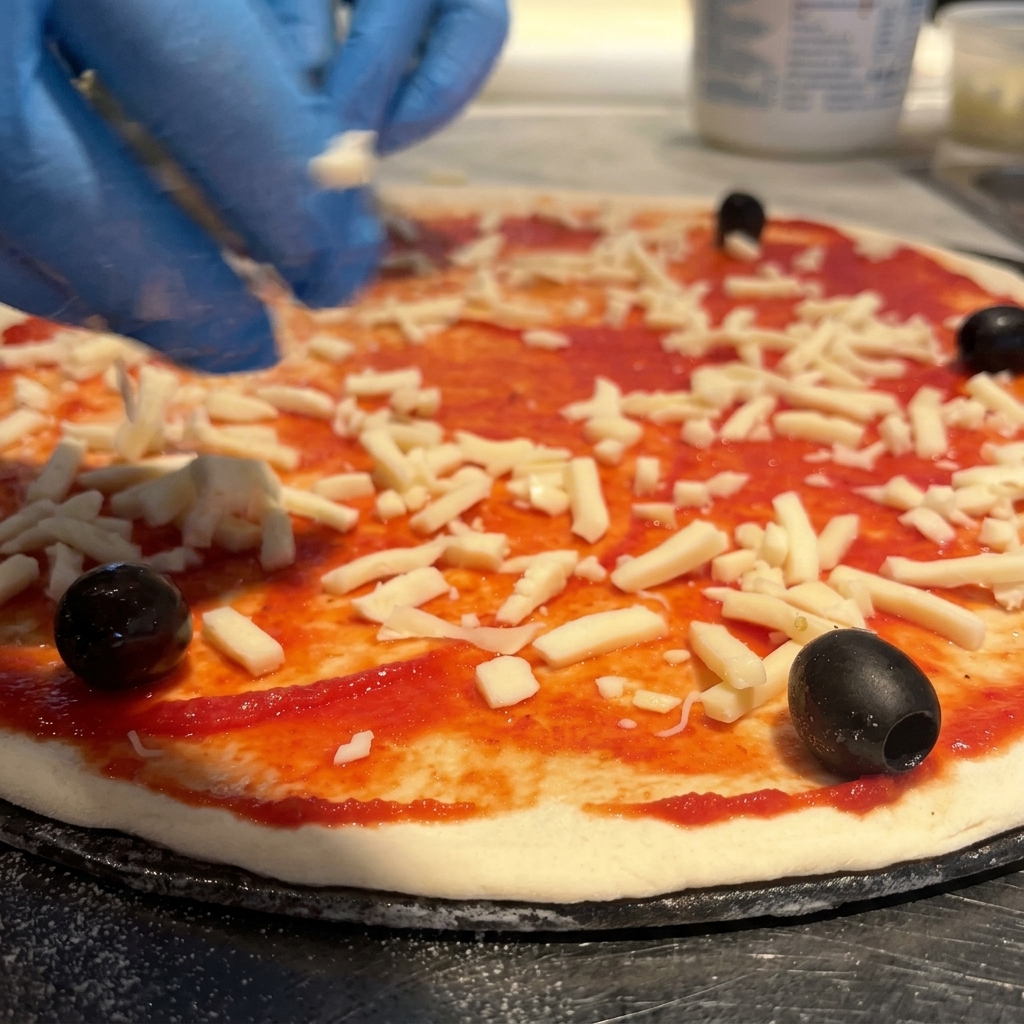 Geriebener Mozzarella und schwarze Oliven werden auf der mit Tomatensauce bestrichenen Pizza verteilt.