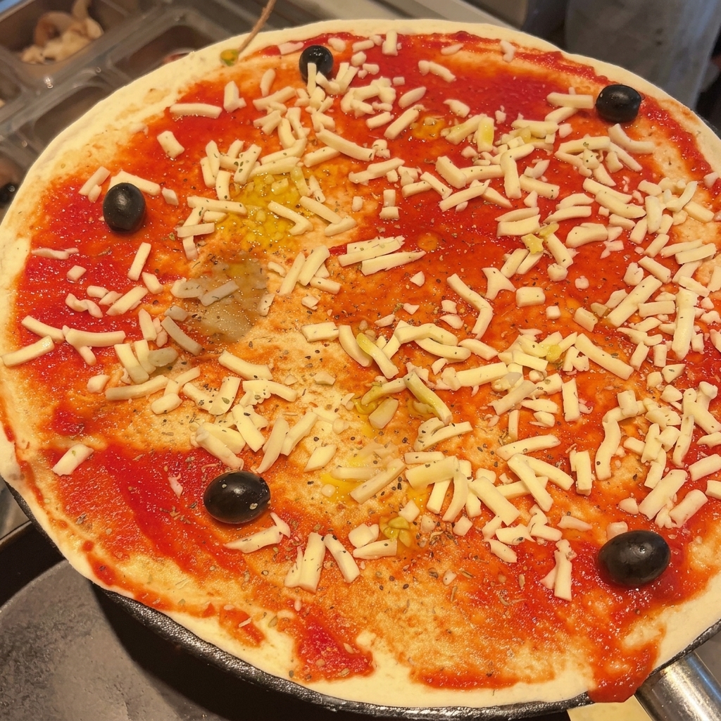Nahaufnahme einer rohen Pizza mit Tomatensauce, Käse und Oliven, die vor dem Backen mit Öl beträufelt wird.