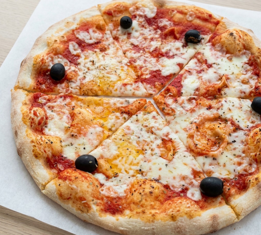 Eine frisch gebackene Pizza mit Oliven und geschmolzenem Käse, auf Backpapier in sechs Stücke geschnitten.