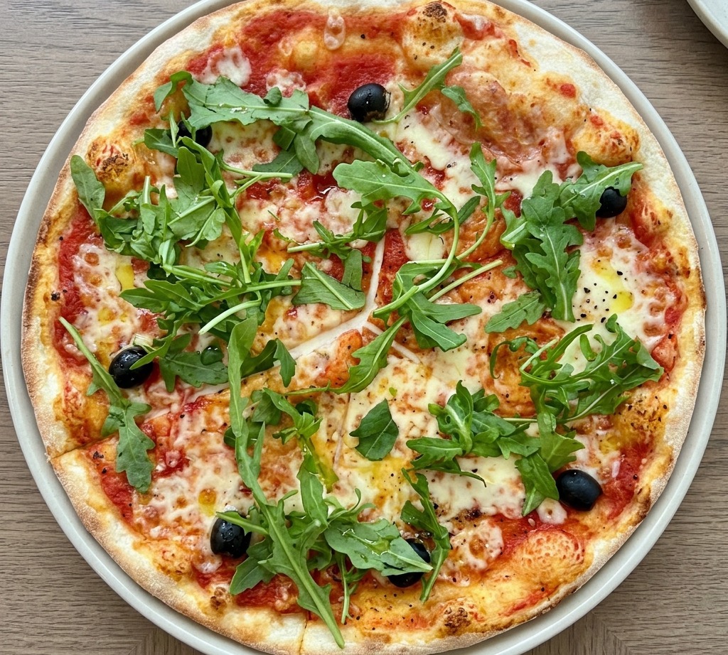 Draufsicht auf eine runde Pizza, die mit frischen, grünen Rucolablättern und schwarzen Oliven belegt ist.