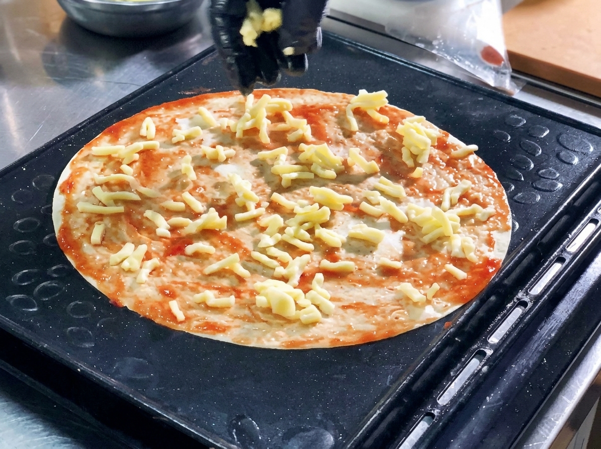 Eine Hand streut weißen, geriebenen Mozzarella über eine mit roter Sauce bestrichene Tortilla-Pizza.