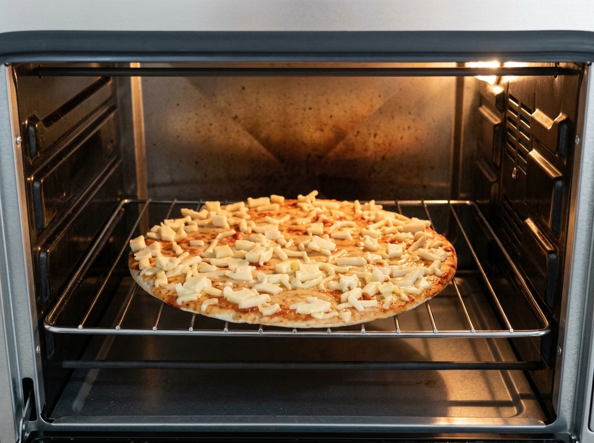 Eine dünne Pizza mit geschmolzenem Käse backt auf einem Gitterrost in einem heißen Profi-Ofen.