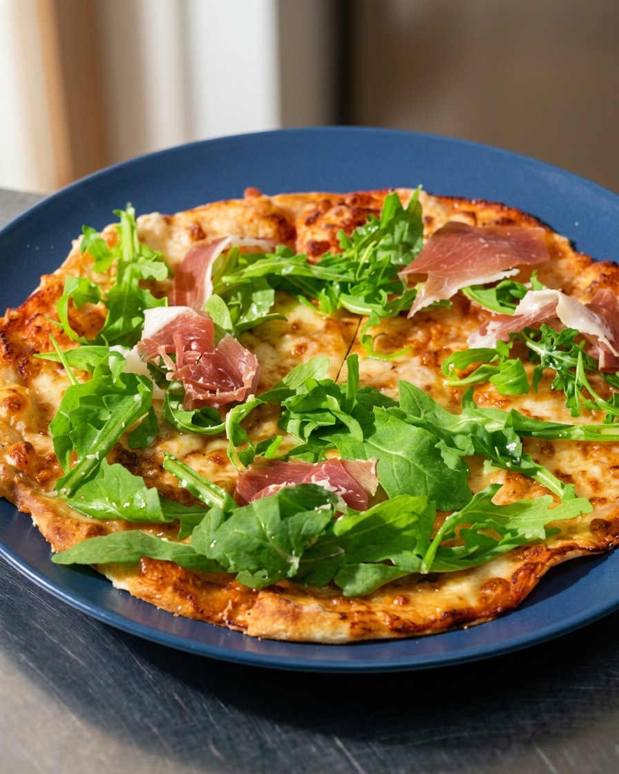 Zarte, rote Scheiben von luftgetrocknetem Iberico-Schinken liegen auf frischem grünem Rucola auf einer gebackenen Tortilla-Pizza.