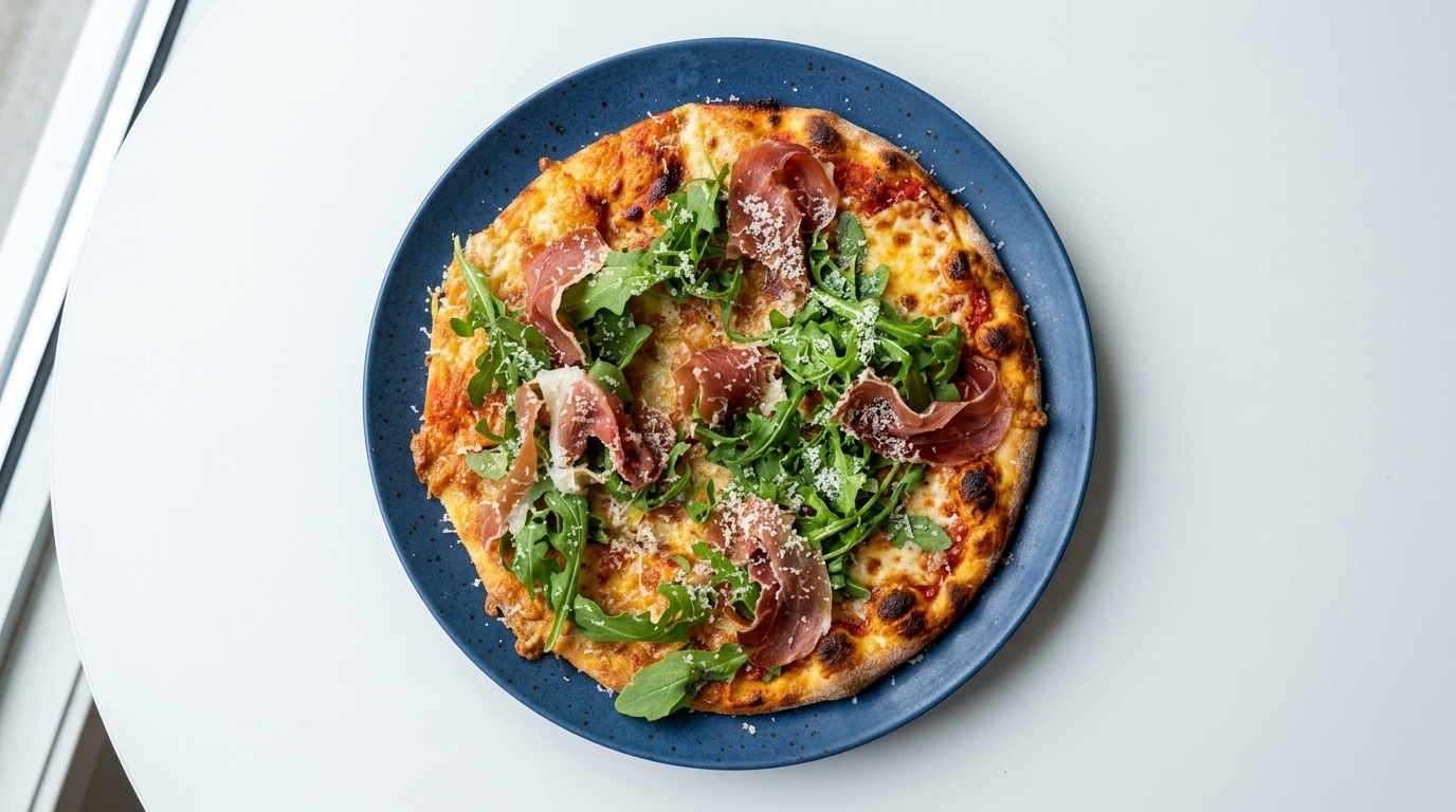 Knusprige Tortilla-Pizza mit Iberico-Schinken und Rucola