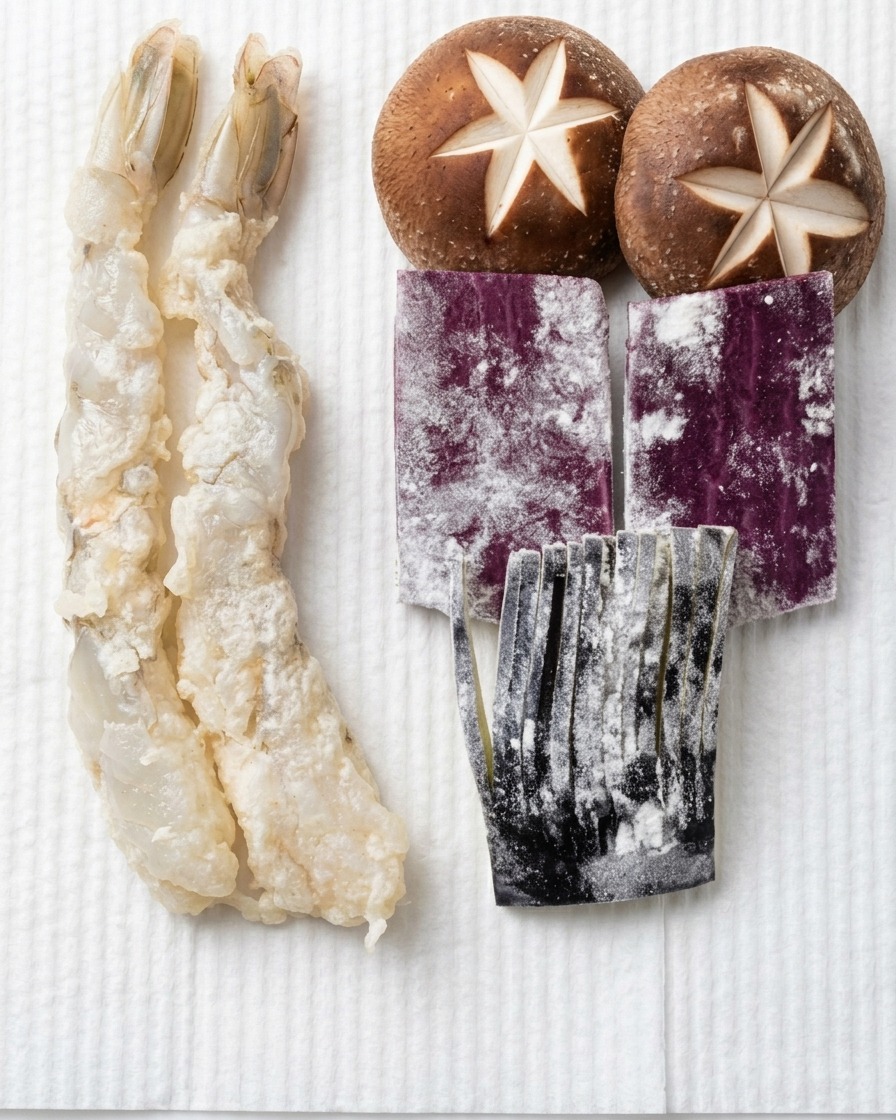 Rohe Garnelen und in Scheiben geschnittenes Gemüse wie Shiitake-Pilze und Aubergine liegen auf Küchenpapier bereit.