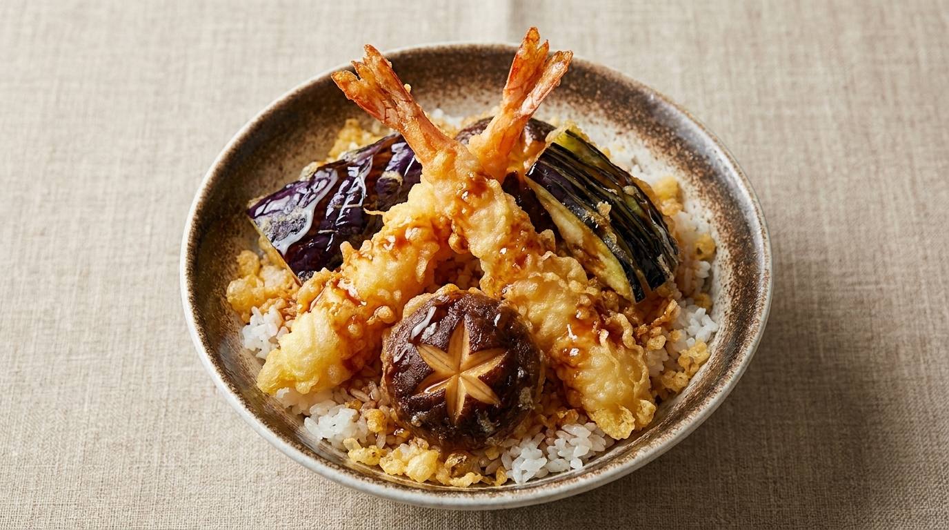 Klassische japanische Garnelen-Tempura-Reisschale (Tendon)