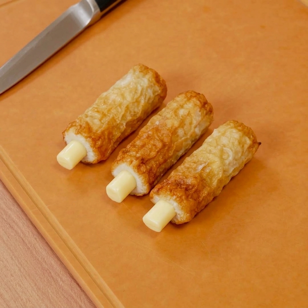 Mit Käsestückchen gefüllte Chikuwa-Fischkuchen, bereit zum Panieren.