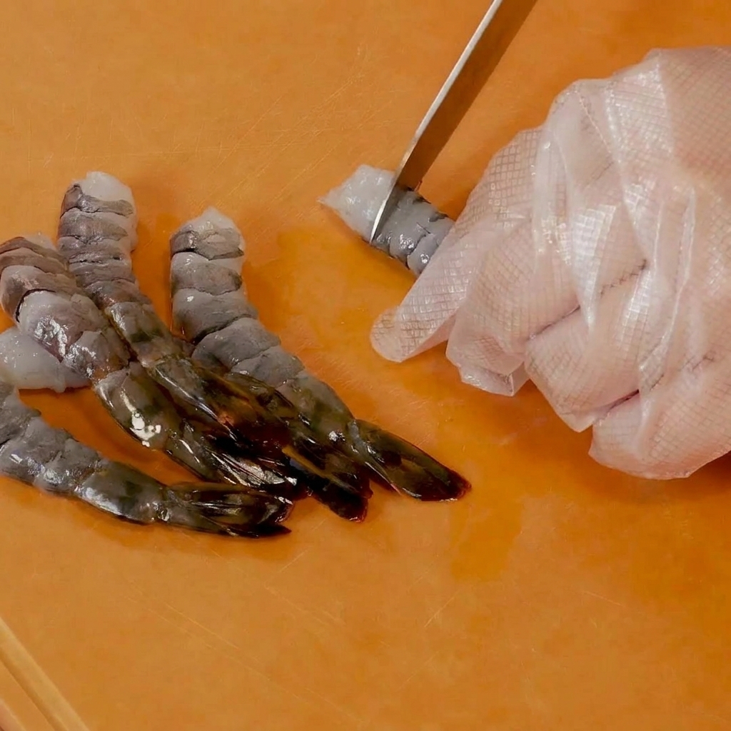 Eine Hand benutzt ein Messer, um präzise, flache horizontale Schnitte entlang des Garnelenbauchs zu machen.
