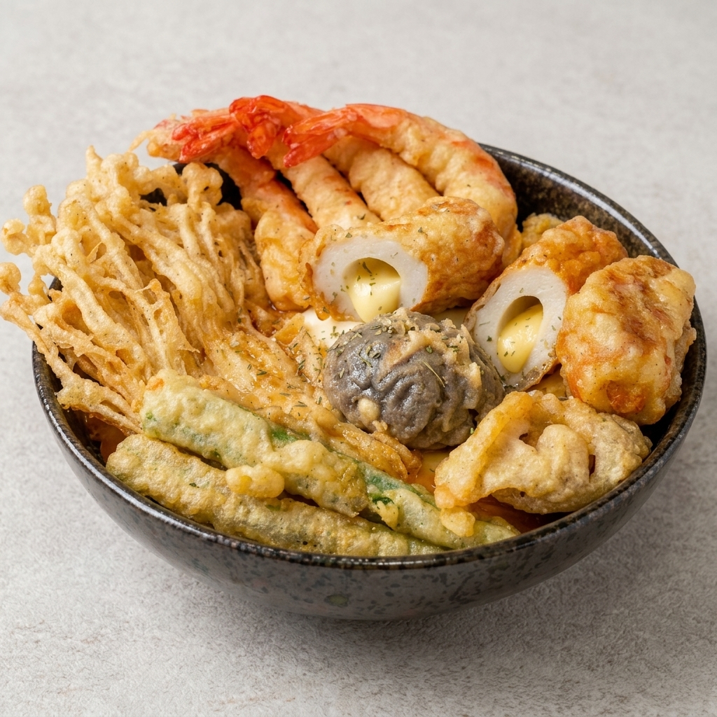 Shiitake-Pilz und Okra werden mit Stäbchen in Tempura-Teig getaucht.