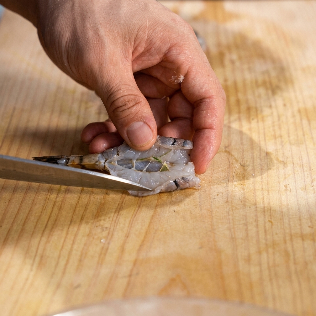 Ein scharfes Messer macht kleine, gleichmäßige Schnitte am Bauch der Garnelen.