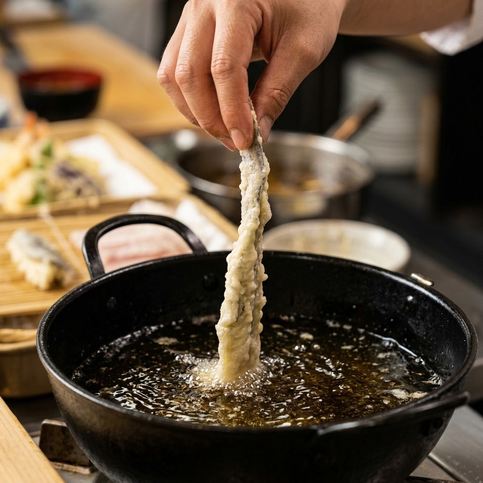 Nahaufnahme einer Garnele, die in dünnen Tempura-Teig getaucht wird.