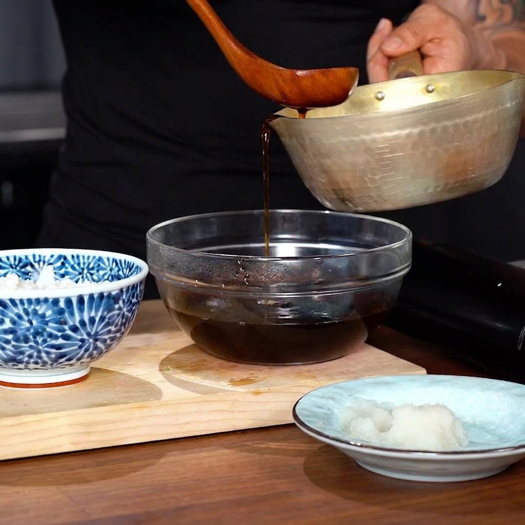 Heiße Tempura-Sauce wird aus einem Topf in eine Glasschale gegossen.