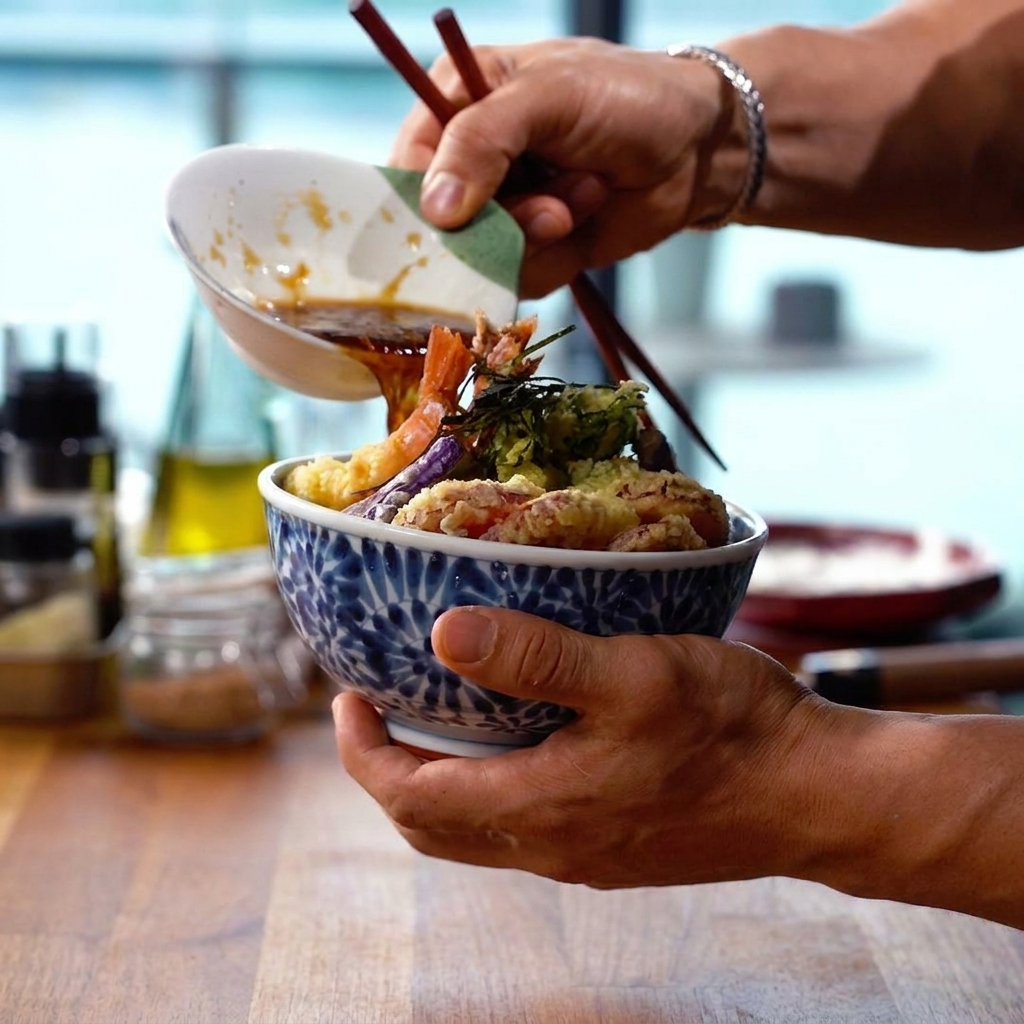 Heiße Sauce wird über eine Schale mit Tempura auf Reis geträufelt.