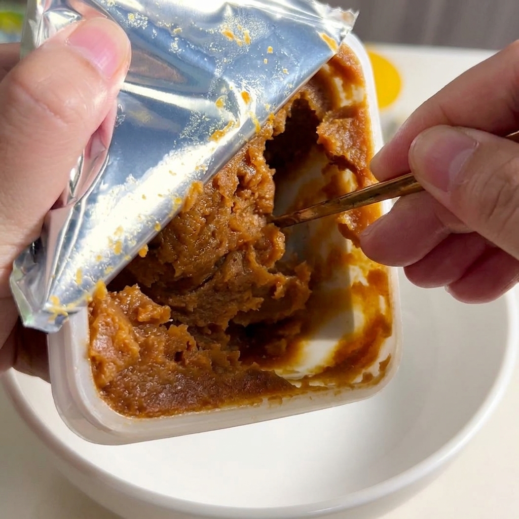 Ein Löffel Miso-Paste wird in die köchelnde, cremige Brühe eingerührt.
