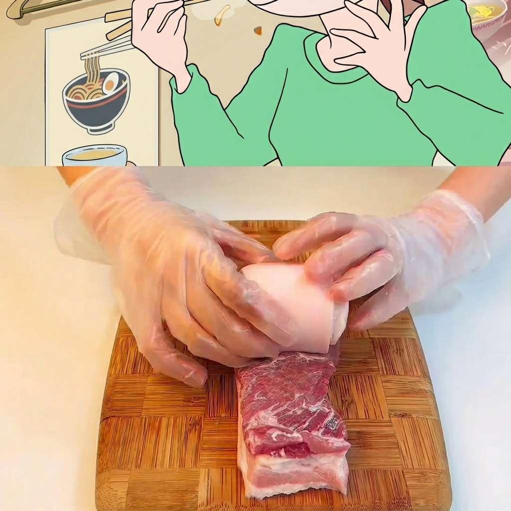 Ein rohes Stück Schweinebauch wird auf einem Holzbrett zusammengerollt und mit Küchengarn festgebunden.