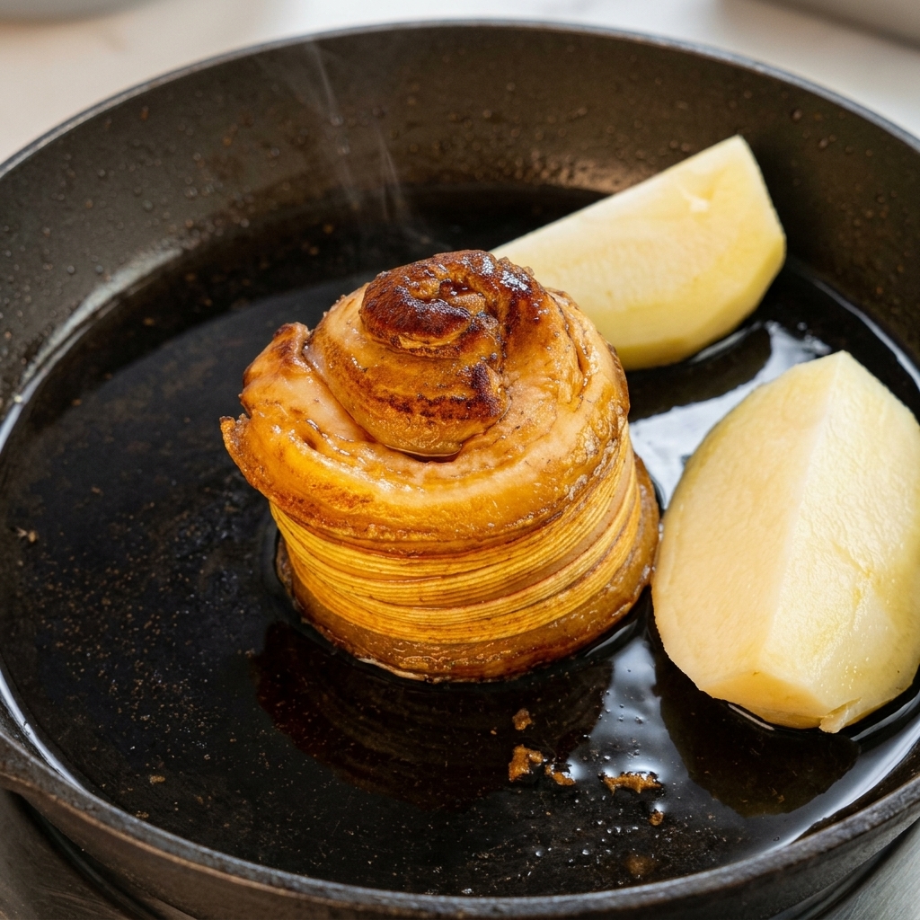 Zwiebelstücke und Frühlingszwiebeln werden in die Pfanne zum Fleisch und der Schmorflüssigkeit gegeben.