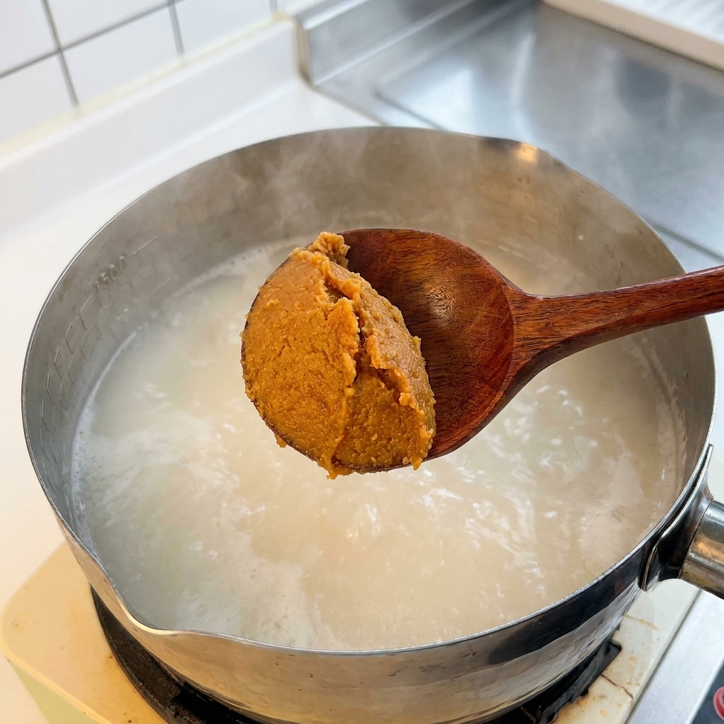 Misopaste wird mit einem Holzlöffel in einen Topf mit kochender Knochenbrühe eingerührt.