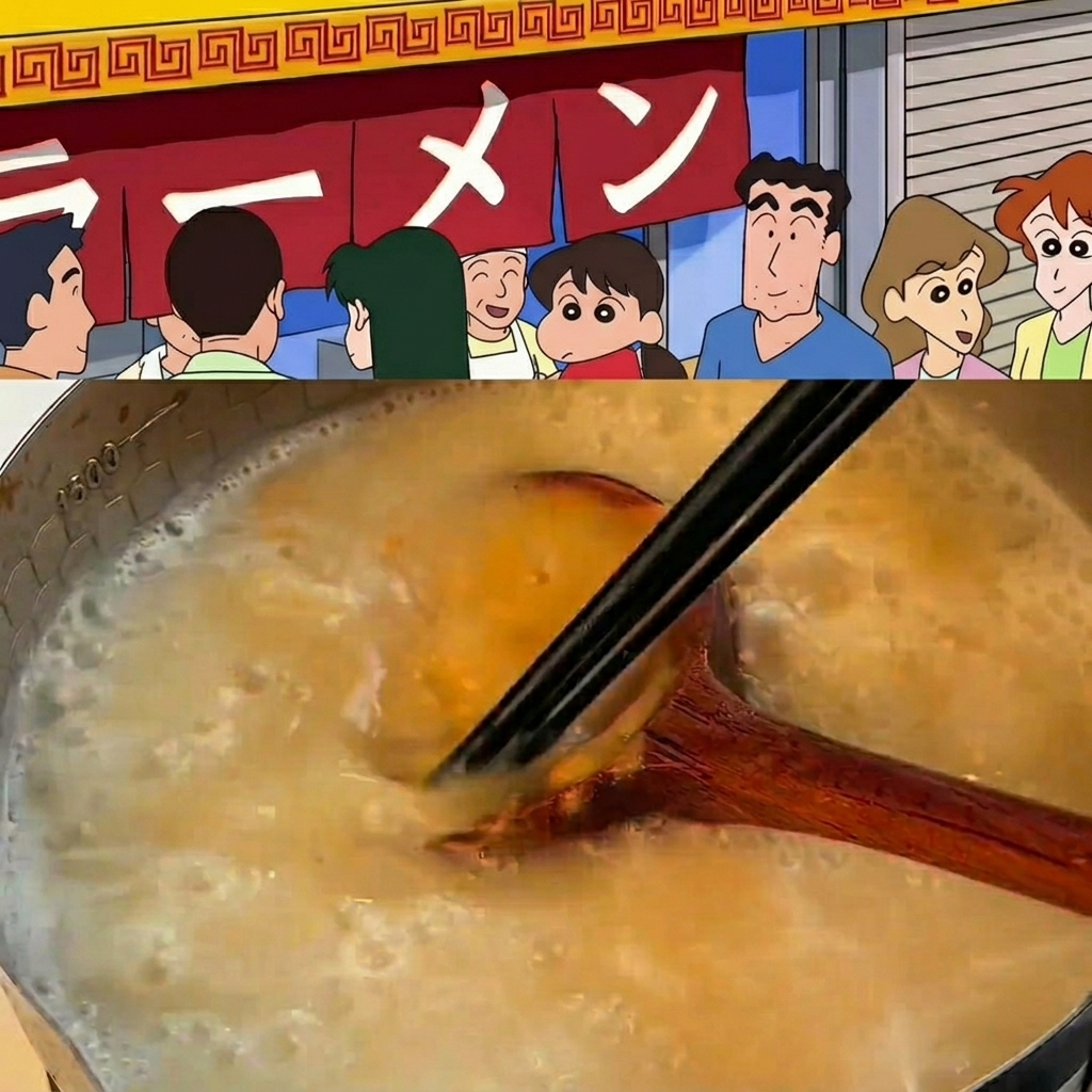 Eine Kelle rührt Miso, Knoblauch und Ingwer in einen großen Topf mit siedender Knochenbrühe ein.