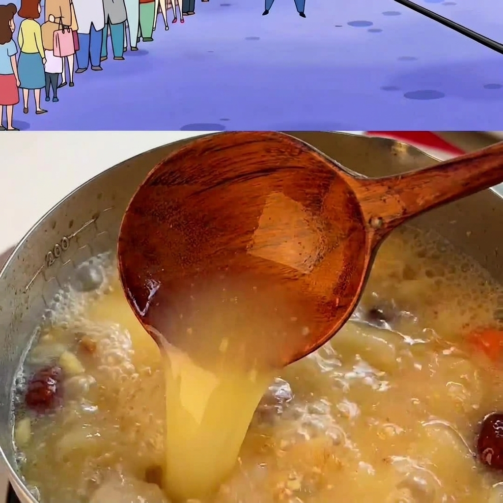 Heiße Miso-Brühe wird aus einer Holzkelle in eine Schüssel mit gekochten Nudeln gegossen.
