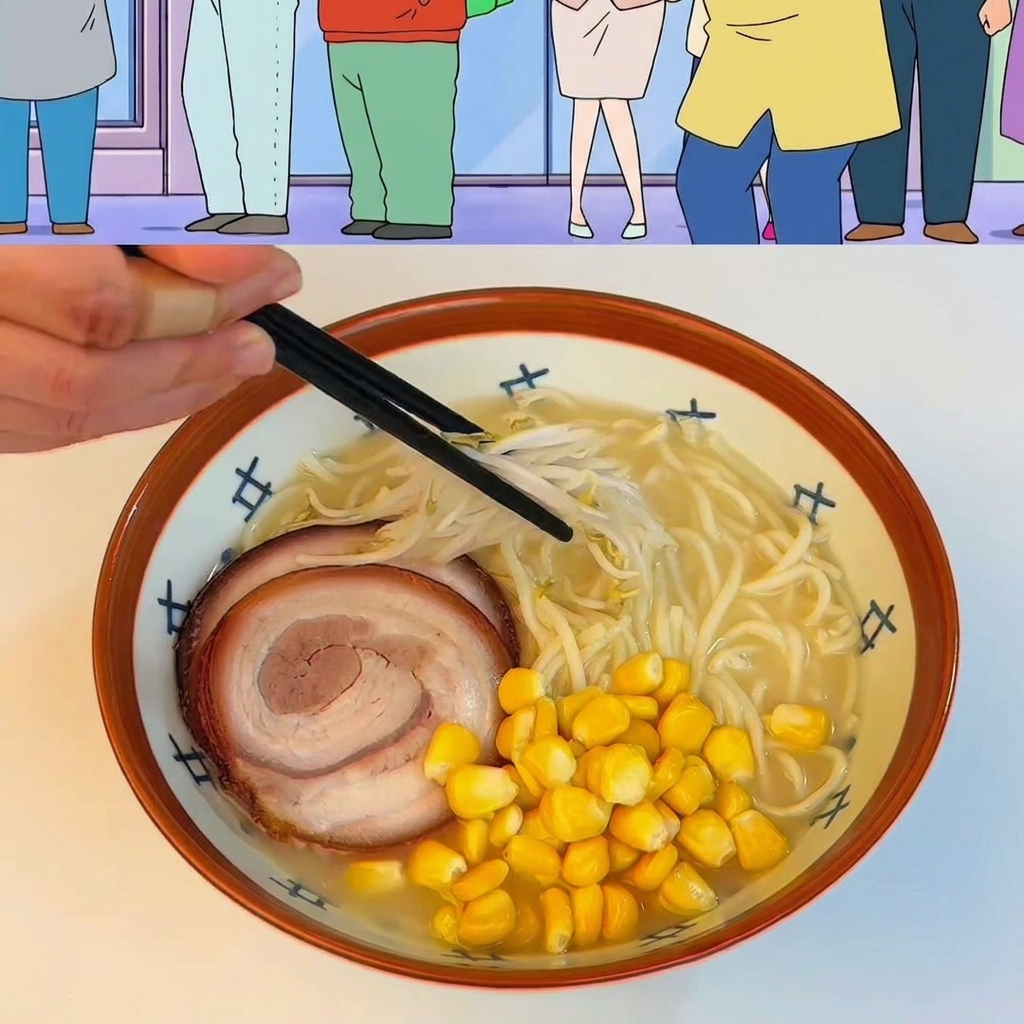 Eine fertige Schüssel Ramen, garniert mit Mais, Sojasprossen, Bambus, Frühlingszwiebeln und einem Butterstück.