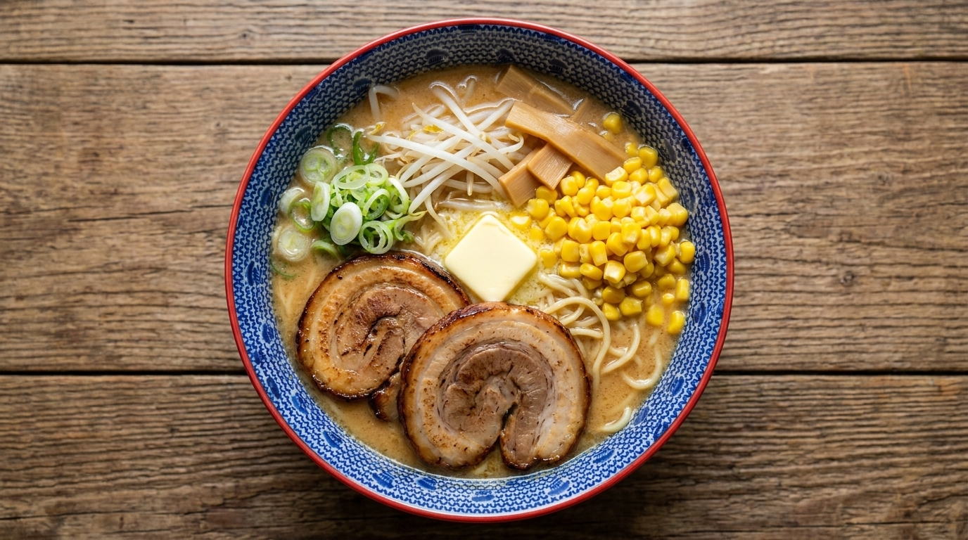 Eine dampfende Schüssel Miso-Butter-Mais-Ramen mit geschmortem Schweinebauch und süßem Mais.