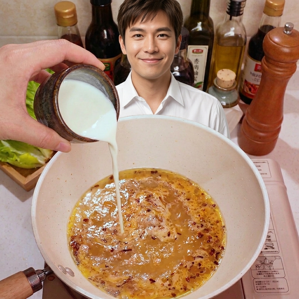 Milch wird in die Pfanne zur Miso-Knoblauch-Mischung gegossen.