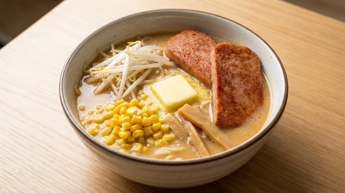 Miso-Butter-Ramen mit Frühstücksfleisch und Mais
