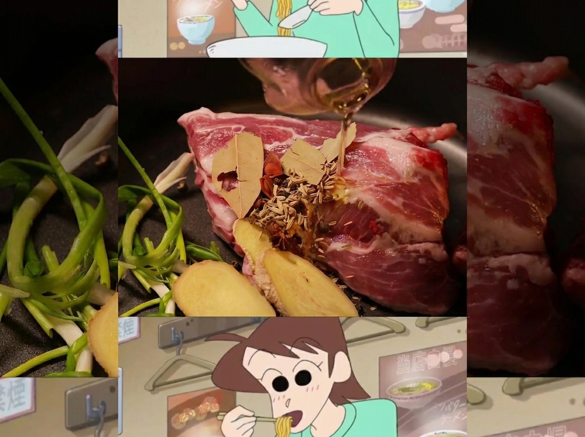 Schweineknochen, Ingwer und Gewürze köcheln in einem großen Topf.