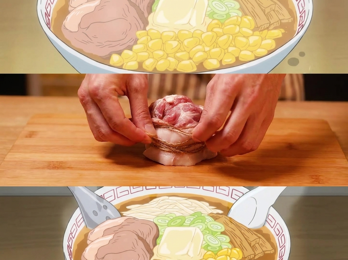 Ein Stück Schweinebauch wird aufgerollt und mit Küchengarn verschnürt.