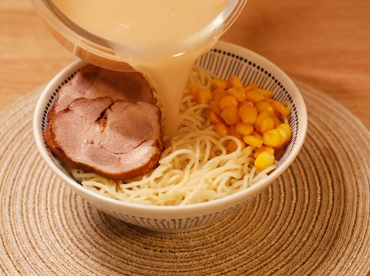Eine Schale Ramen wird mit Brühe, Nudeln, Fleisch und Mais befüllt.