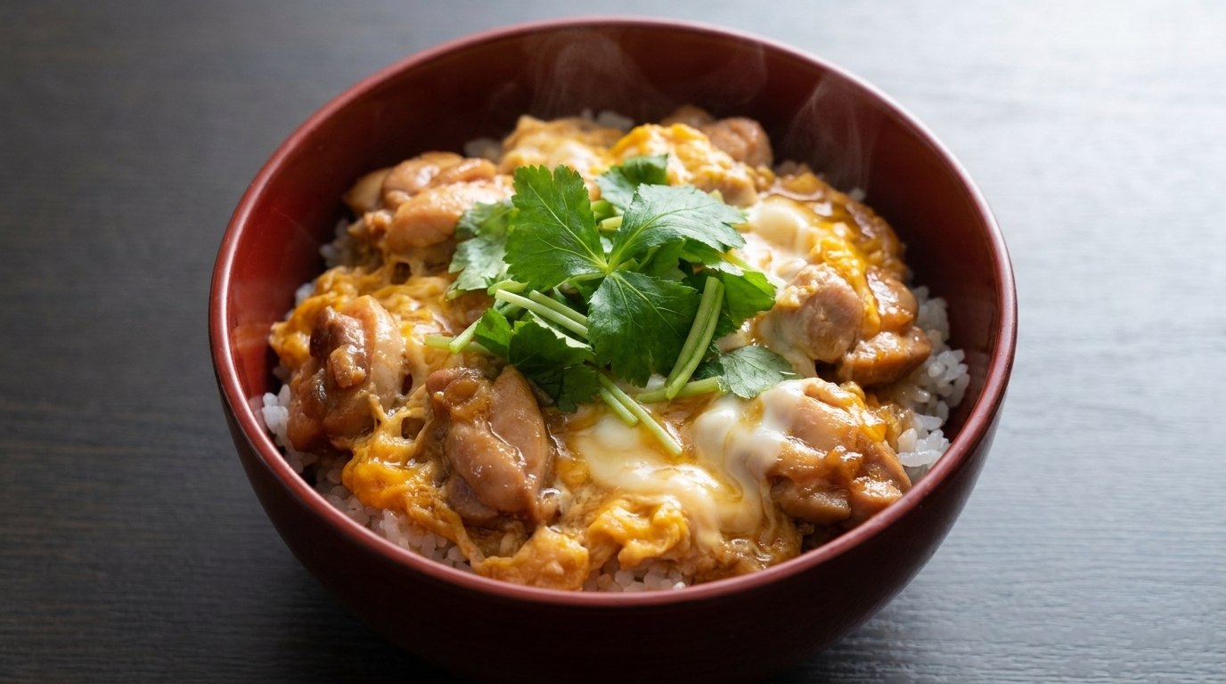 Eine dampfende Schale Oyakodon mit zartem Hähnchen und flaumigen, sanft gestockten Eiern, garniert mit frischer japanischer Petersilie.